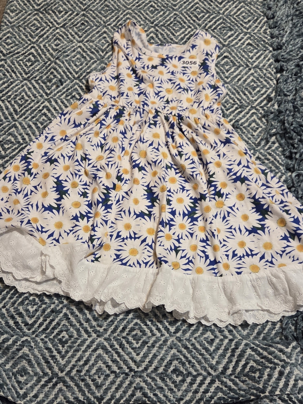 Girls' Blue Daisy Print Sundress with White Eyelet Trim.